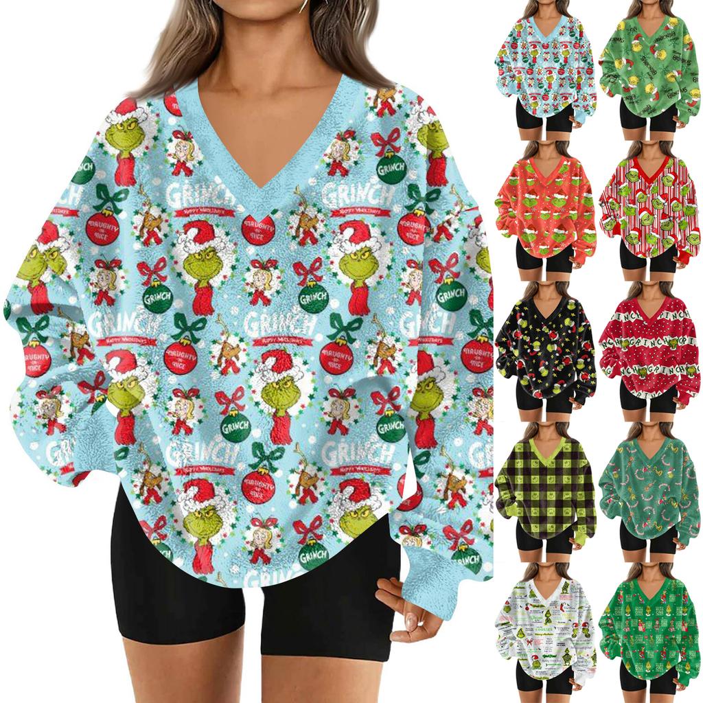 Women's Fashionable V-neck Christmas Printed Long Sleeved Casual Pullover Plush Warm Pocket Sweatshirt Top