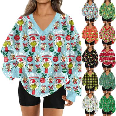 Women's Fashionable V-neck Christmas Printed Long Sleeved Casual Pullover Plush Warm Pocket Sweatshirt Top