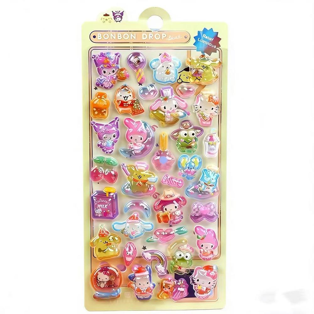 Luminous Cute Sanrio 3D Relief Stickers Kawaii Girls Kuromi Cinnamoroll My Melody Crystal Decals Kids Decoration Sticker Packs