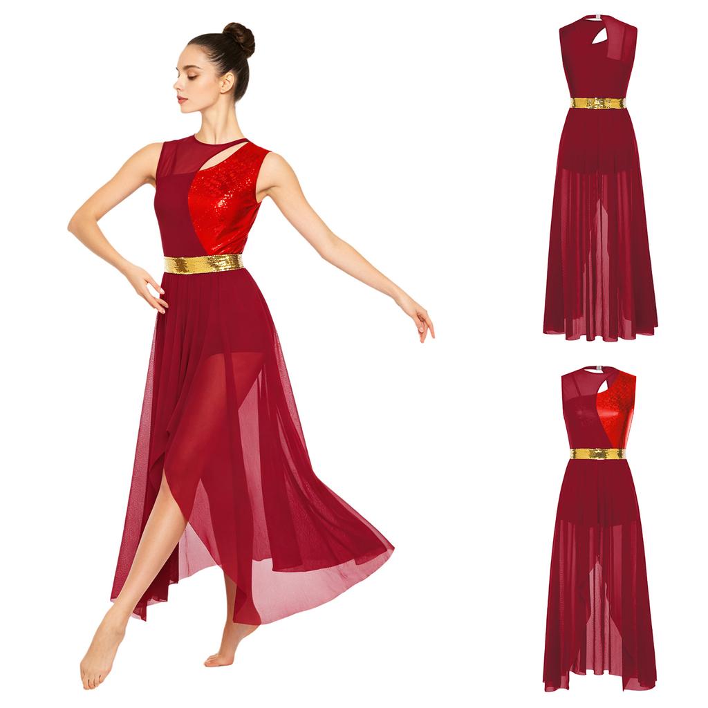 Women Lyrical Worship Dance Dress Sequined Waist Belt Sleeveless Metallic Shiny Patchwork Irregular Mesh Hem Built-in Shorts for Church Liturgical