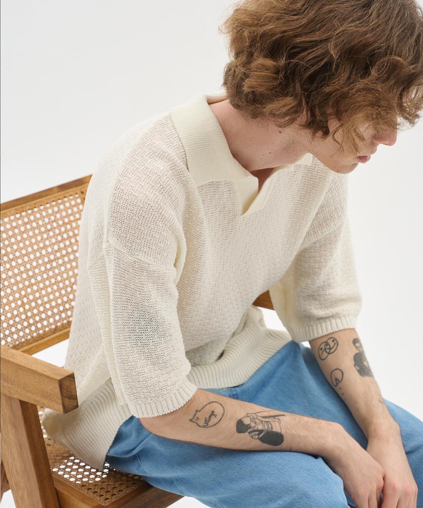 BLOND9 Soft Texture Open Collar Short Sleeve Knit_Ivory
