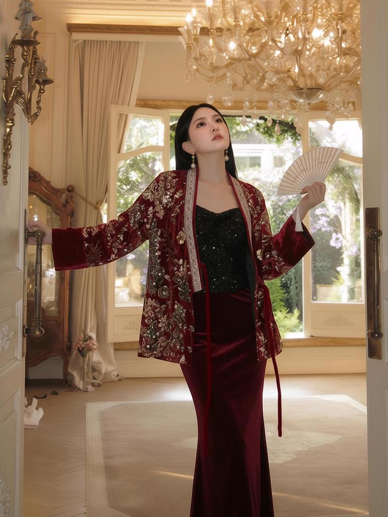 V-neck Embroidered Chinese Style Winter Down Jacket & Skirt Suit NY064