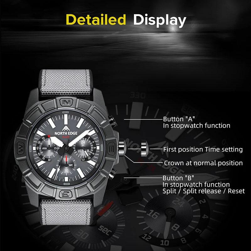NORTH EDGE BLAZE Men's Watches Solar Power 316 stainless steel Case Quartz Watch For Men Pilot Sports Waterproof 50M Stopwatch