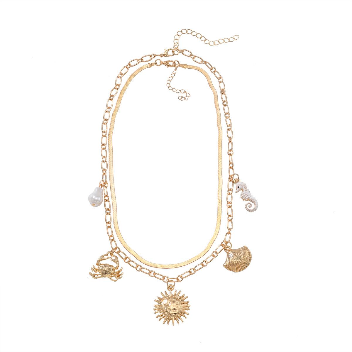 Exaggerated retro shell imitation pearl crab multi-layer necklace, natural beach ocean style 2-piece set of accessories