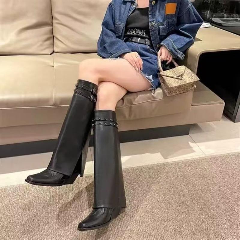 Designer Gladiator Chelsea Boots Women Autumn  Knee High Western Shoes Women Pointed-Toe Fashion Buckle Mid Heels Botas