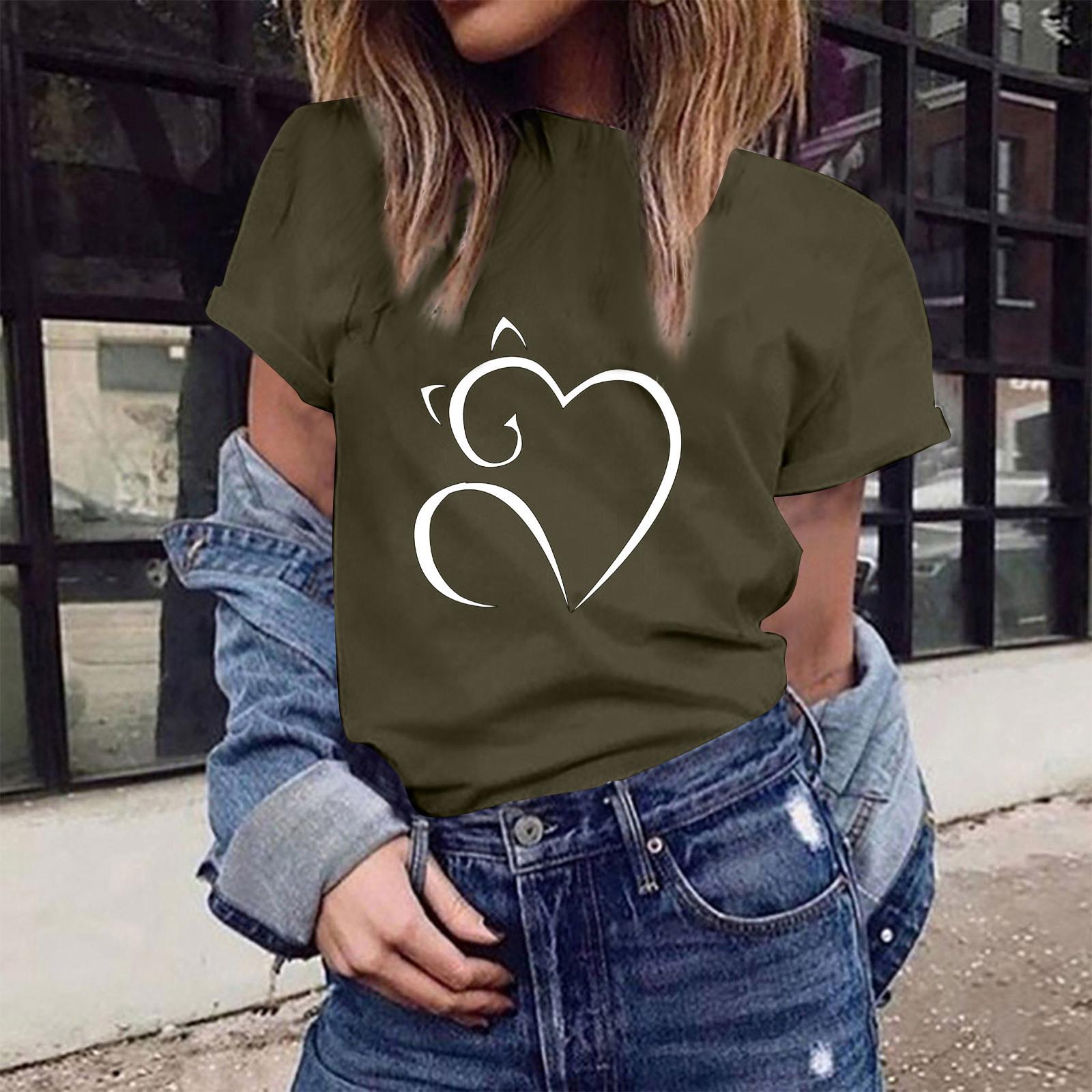 

Ladies Fashion Round Neck Pullover Short Sleeve Casual T-shirt Love Print Top M