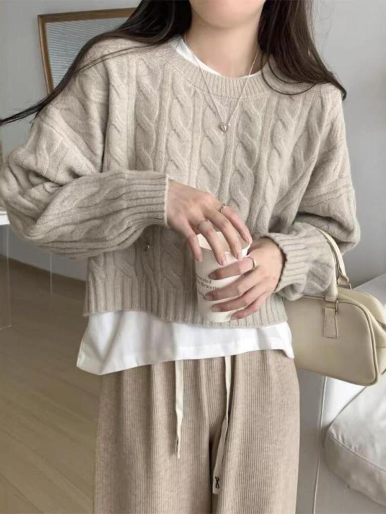 Women's Round Neck Cable Knit Sweater - Soft, Lazy Style for Spring & Autumn