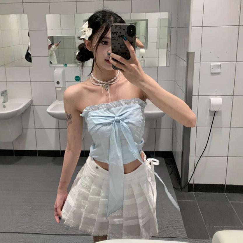 Design Fungus Edge Lace-up Tube Top Women's Clothing Summer Niche Age-reducing Waist and Thin Sleeveless Pure Desire Top