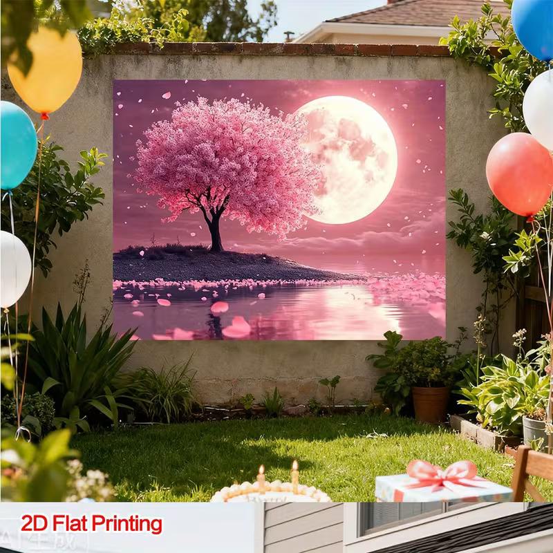 2D Romantic Cherry Blossom Moon Backdrop for Photography & Wall Decor