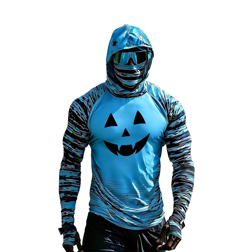 Men's Casual Long Sleeve Hooded Raglan Sun Top with Colorblock and Halloween Print