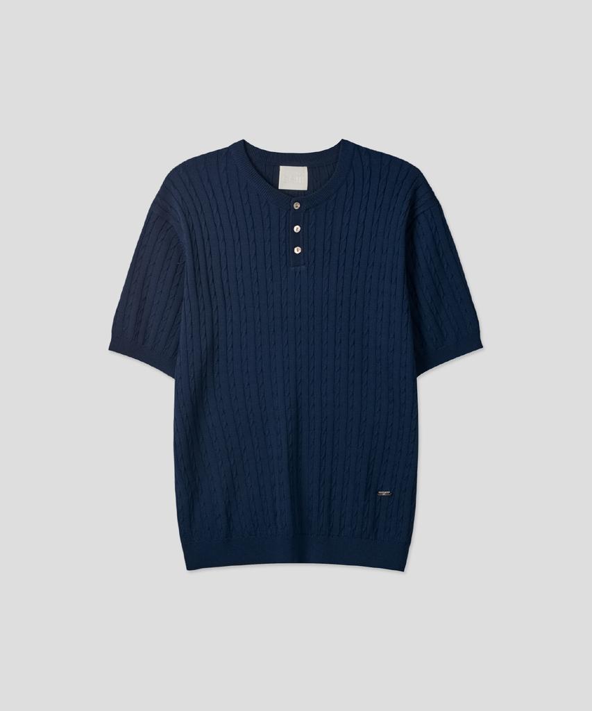 Ssei Standard Cable Henley Neck Short Sleeve Knit Navy