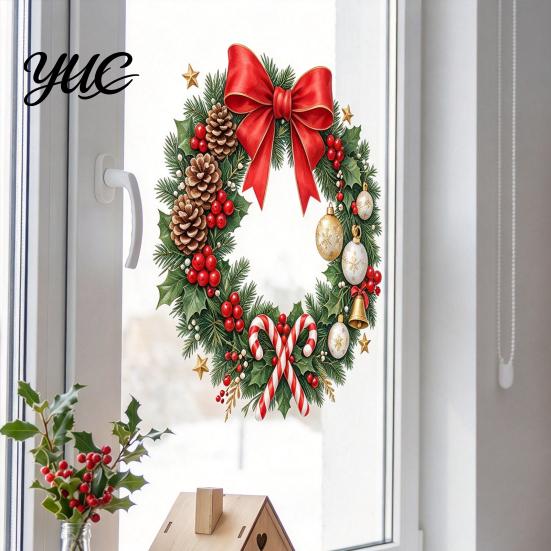 Creative Holiday Gifts Christmas Wreath Window Decals, Removable Stickers with Pine Cone Decorative PVC Wall Bow Berry Poinsettia, Waterproof