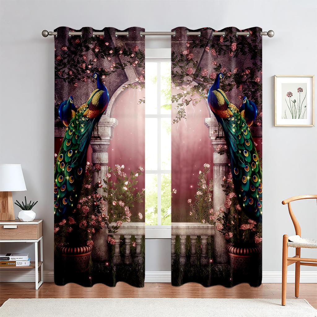 Retro Floral Peacock Print Curtains, Suitable For Bedroom, Living Room And Kitchen Decoration Light-Transmitting Curtains 2PCS