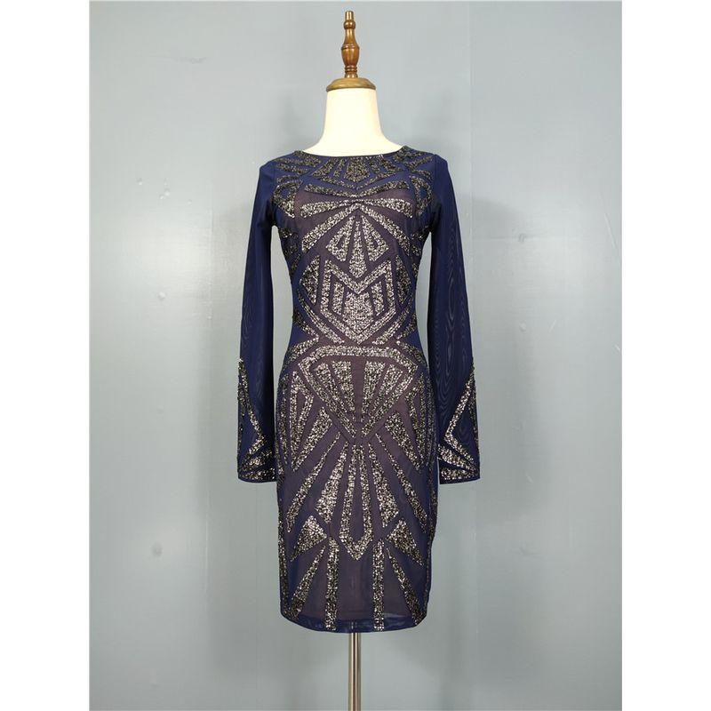 Export Li's Summer New Arrival Mesh See-through Heavy Embroidery Sequins Round Neck Slim-Fit Commute Hip Bag Elegant Dress
