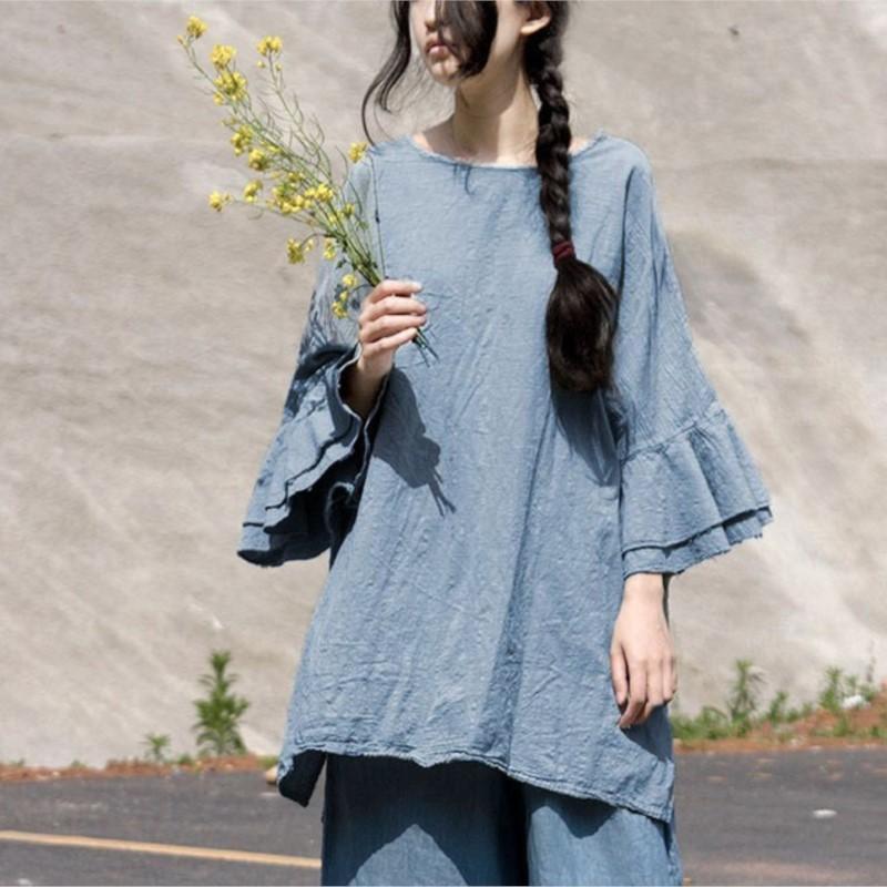 

Johnature женские винтажные футболки с рукавами-бабочками из хлопка и льна, однотонные свободные футболки, летние повседневные женские футболки One Size синий