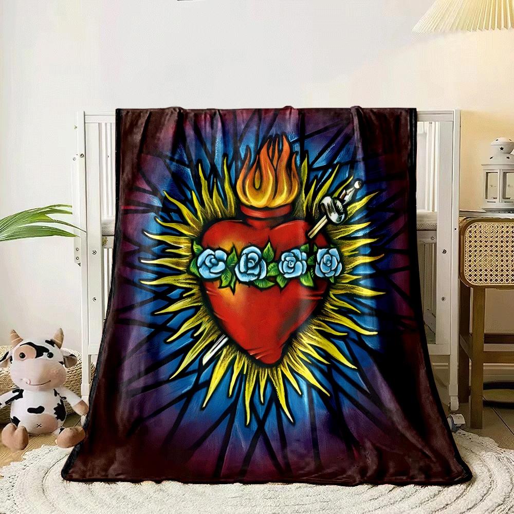 A flaming red heart surrounded by yellow rays, roses, and a sword. for all seasons blanket lunch break throw gift 80cm x 120cm