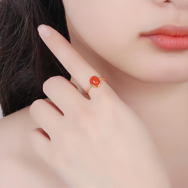 Natural Nanhong S925 Sterling Silver Ring Egg Surface Silver Inlaid Nanhong Ring Opening Cross-border Versatile Jewelry Fashion Gift