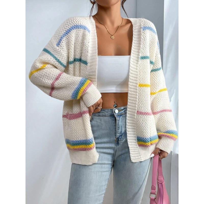 Cárdigan de punto a rayas para mujer, suéter chaqueta casual holgado con cuello en V, mezcla de algodón, ropa de abrigo cálida