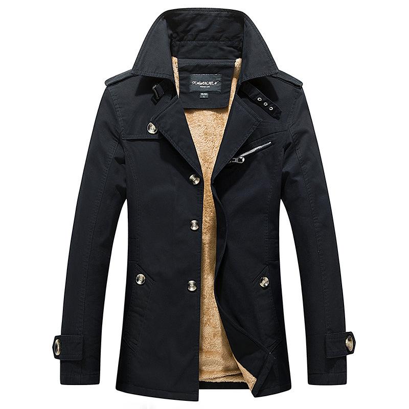 Men's Washed Cotton Fleece-Lined Mid-Length Trench Coat - Casual Autumn/Winter Outerwear