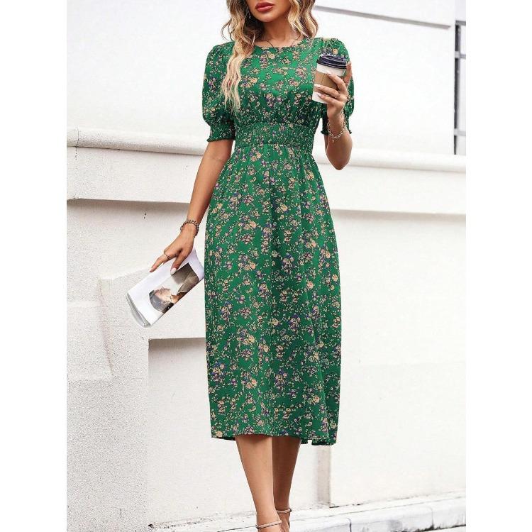 Women Summer Puff Sleeve High Waist Floral Midi Vacation Print Long Comfortable Lightweight High Recognition Elegant with Flattering Chic Dress