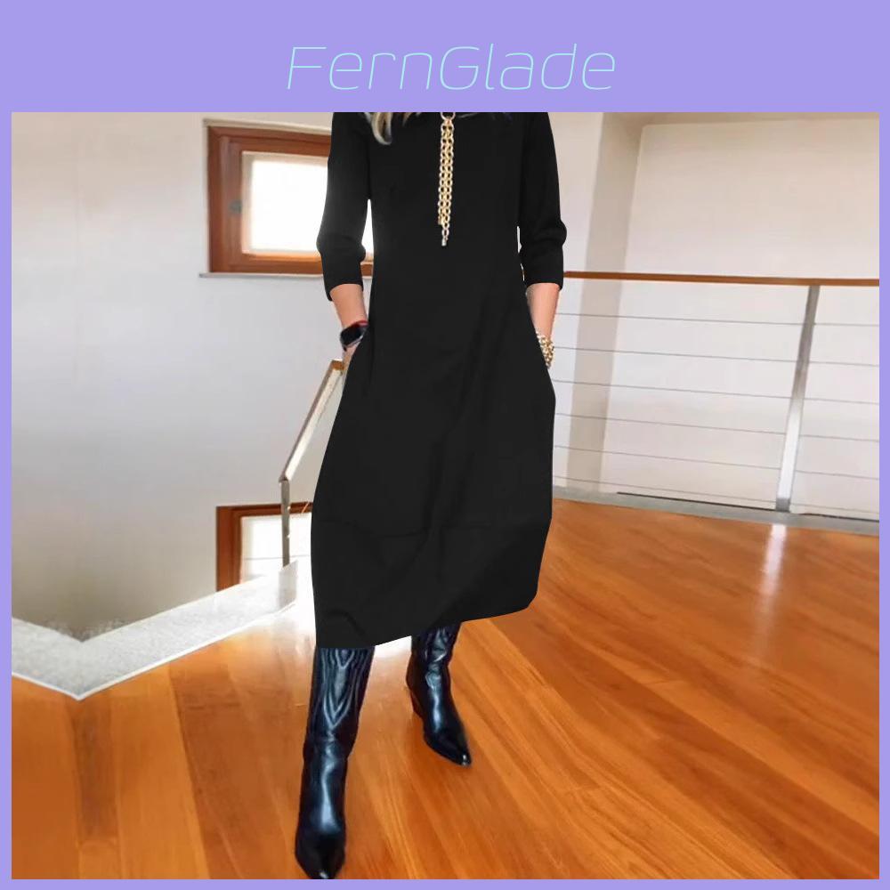 Basic Solid Color Long Sleeve Dress For Work And Casual Wear With High Waist For Winter
