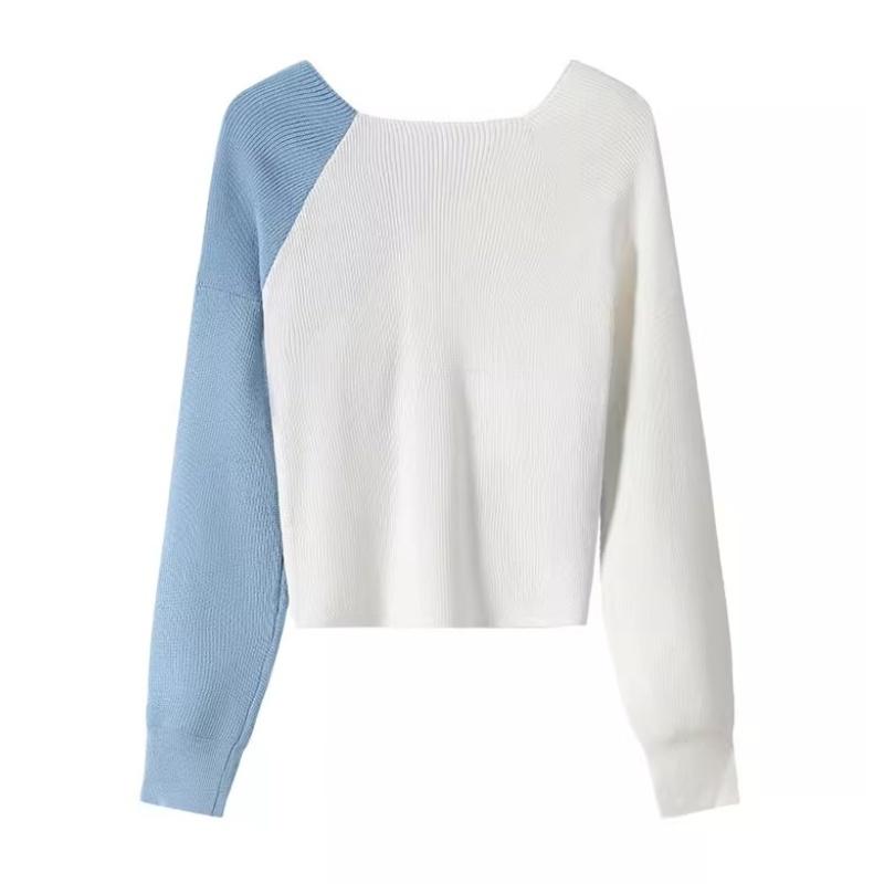 Embroidered Cross-V-neck Knitted Sweater for Women, Autumn Spice Girl, Patchwork Slit Short Top, Base Layer T-shirt