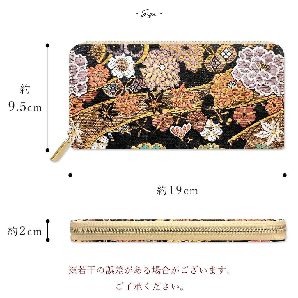 Leo&Aoi Nishijin-ori Long Wallet, Round Zipper, Long Wallet with Card Slots and Coin Purse, Gold Brocade, Takamisha Design, Flowing Water Peony and
