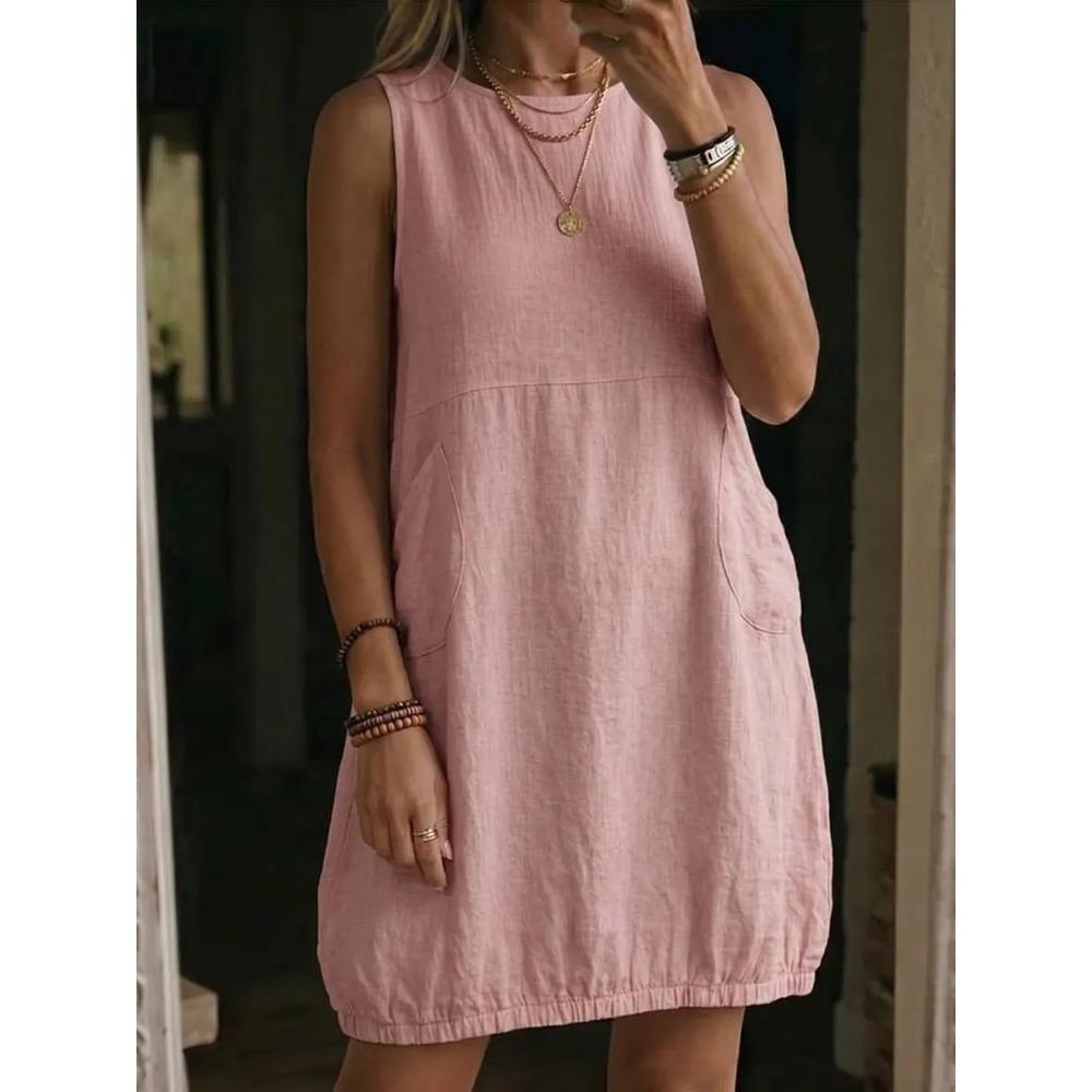 Women's Round Neck Sleeveless Side Pocket Solid Linen Loose Fit Casual Midi Dress