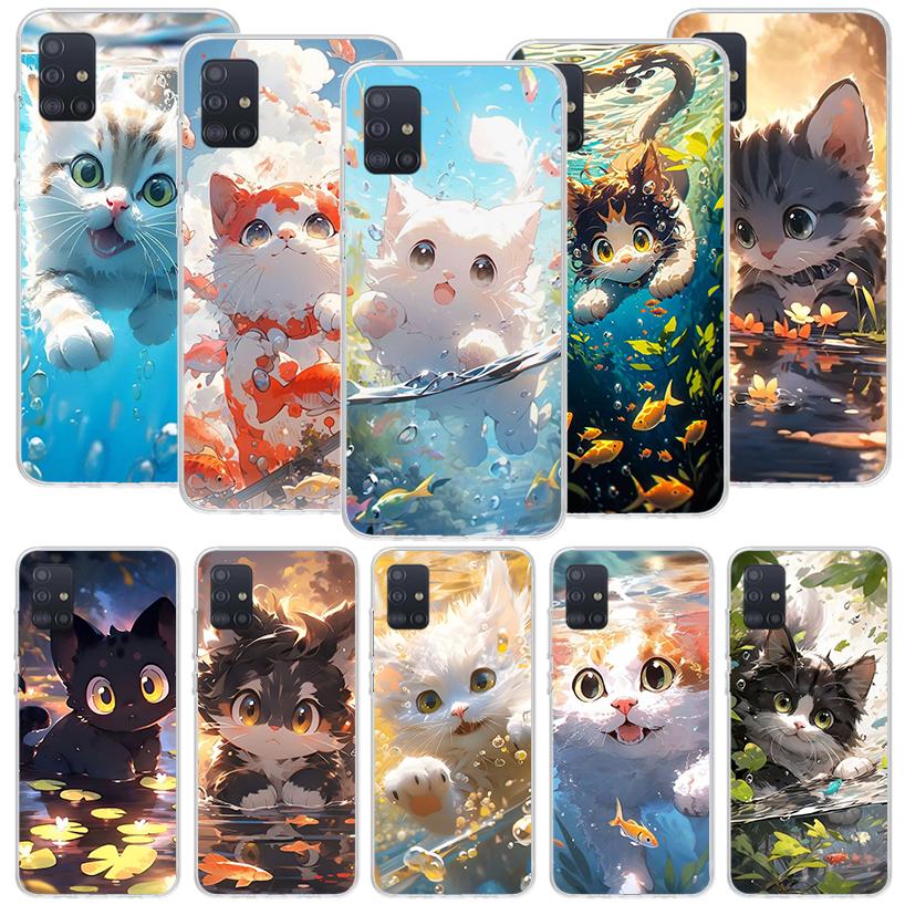 Cartoon Cute Cat Fish Aesthetic Phone Case For Samsung Galaxy A52 A32 A22 A12 A02S A50S A30S A51 A31 AA71 Note 20 Ultra 10 S10 P