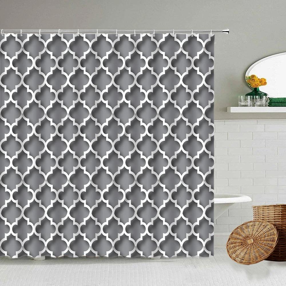 Black and White Checkered Wave Stripe Geometric Shower Curtain Bathroom Waterproof Polyester Curtain with Hook Home Decor