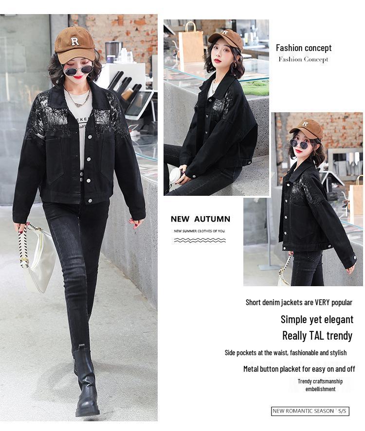 Women's Diamond-Studded Denim Jacket: Stylish, Loose Fit, Mesh-Spliced, Short Top for Early Spring 2022