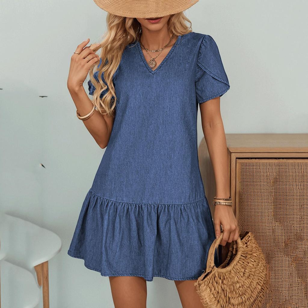 Damenmode Lässiges Jeanskleid Frühling und Sommer Kurzarm V-Ausschnitt Rüschensaum Kleid