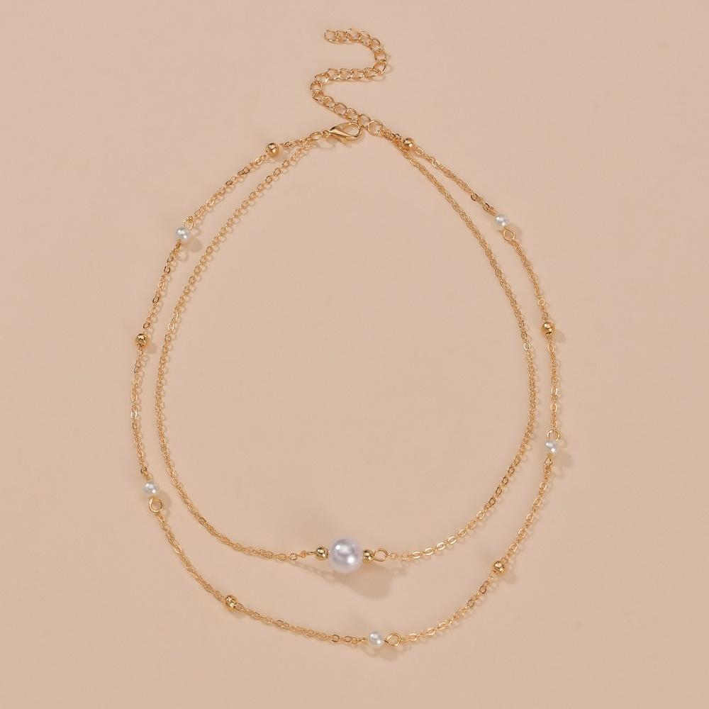 Simple, pearl necklace double stacked metal chain neck chain collarbone chain