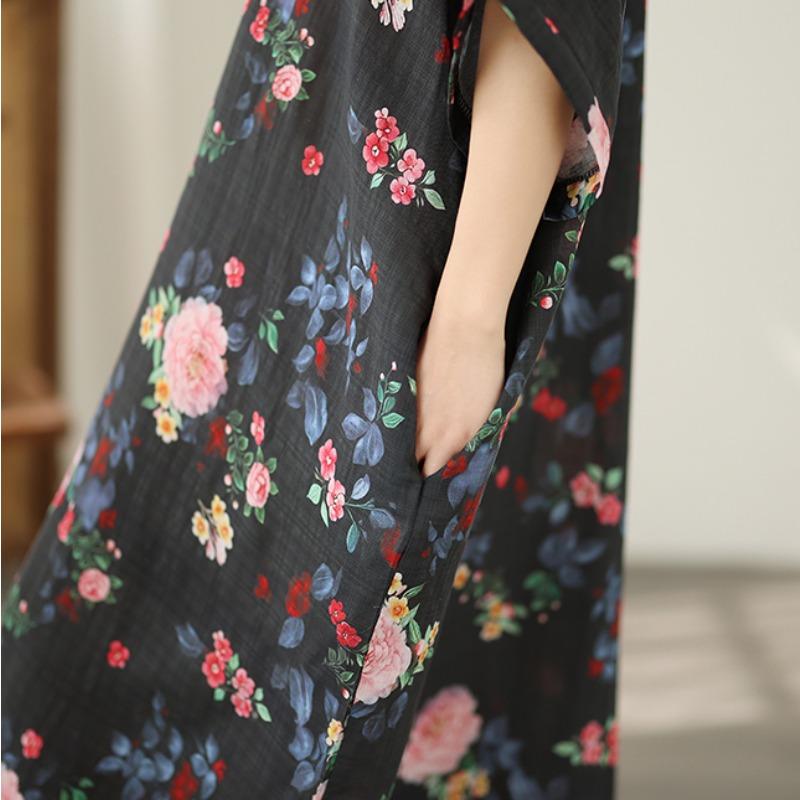 DIMANAF New 2026 Women Plus Size Spring Summer Beach Vintage Floral Print Black Long Dress Loose Oversize Maxi