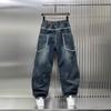 Spring Autumn Splicing Cutting Elastic Waist Large Size Washed Loose Wide Leg Big Pocket Scimitar Drawstring Jeans