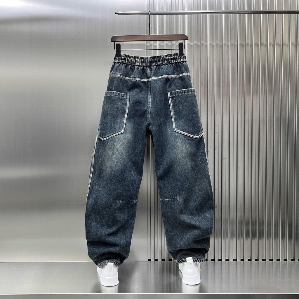 Spring Autumn Splicing Cutting Elastic Waist Large Size Washed Loose Wide Leg Big Pocket Scimitar Drawstring Jeans