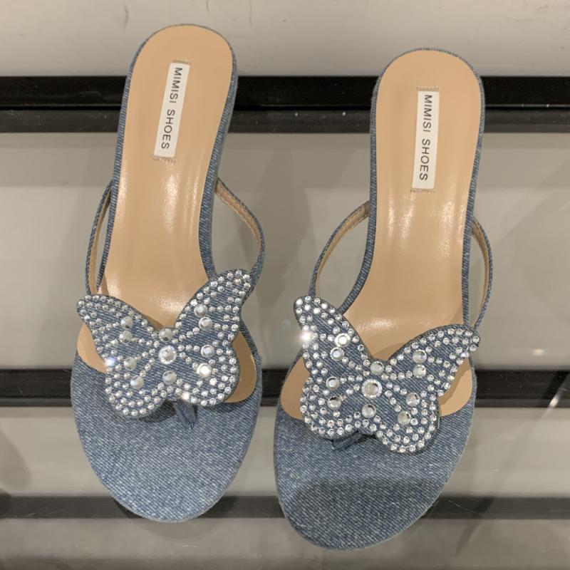 

Rhinestone Butterfly Decoration Women Slippers Summer New Clip Toe Thin Heel Women Pumps Elegant Designer Party Women Slide Shoe 39 синий