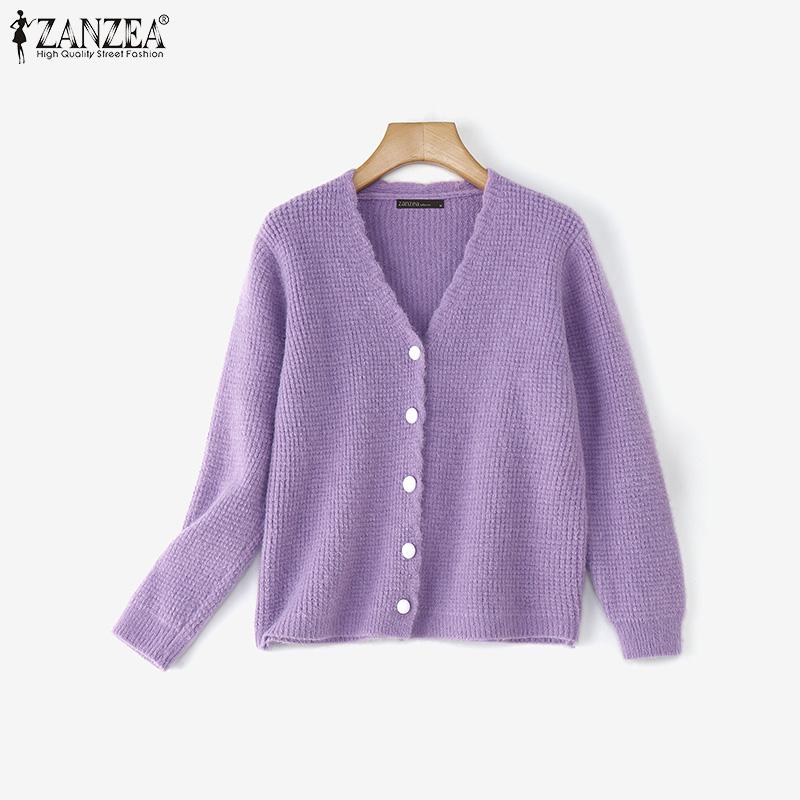 ZANZEA Herbst Elegante Damen V-Ausschnitt Langarm Textur Lässige Strickwaren Cardigans
