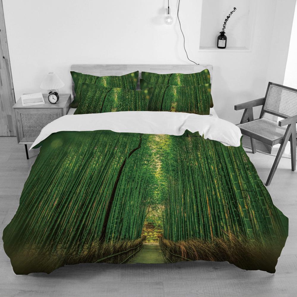 Bambus Dynetrekksett Grønn Natur Plante King Size Polyester Dynetrekk med Putetrekk for Barn Gutter Jenter Sengetøysett