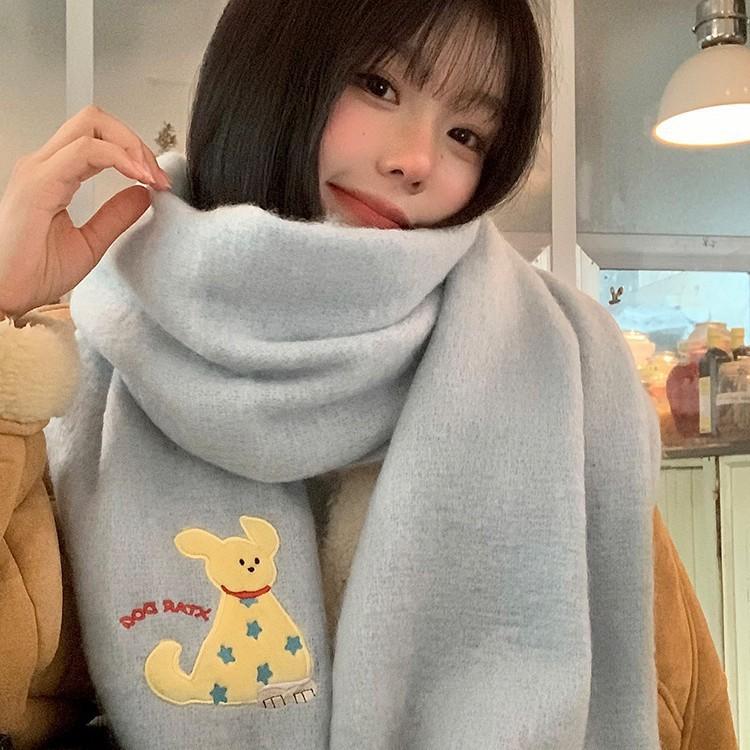 Cute Puppy Embroidered Blue Knitted Scarf Women's Year Autumn and Winter Korean Atmosphere Warm Neck Scarf