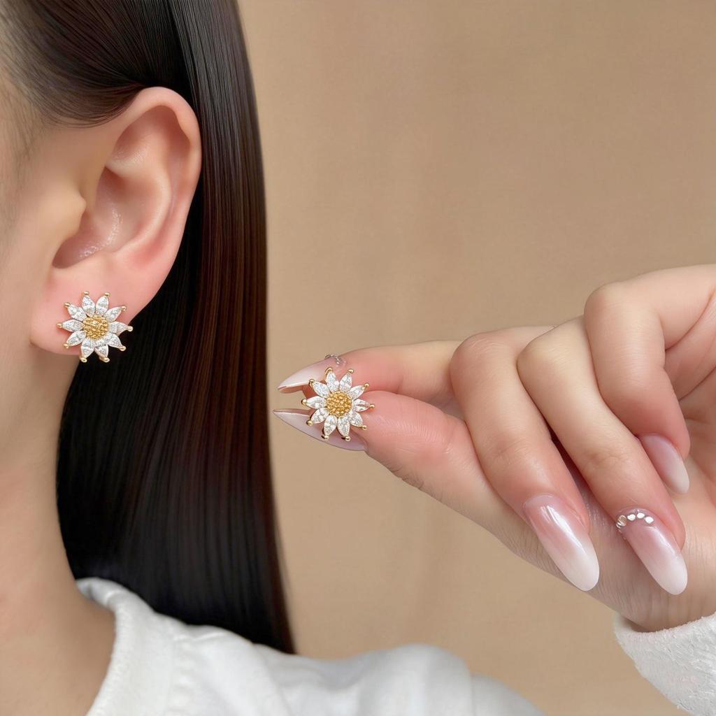 S925 Sterling Silver Sunflower Stud Earrings with Cubic Zirconia and Gold Ball Stamens for Everyday Wear