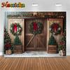 Mocsicka Christmas Wood Door Background Photography Room Wreath Tree Wall Backdrop Shooting Props Party Decoration Studio Banner