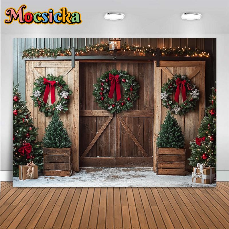 Mocsicka Christmas Wood Door Background Photography Room Wreath Tree Wall Backdrop Shooting Props Party Decoration Studio Banner