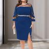 Women Dress See-through Mesh Patchwork Split Hem Sheath Slim Fit Three Quarter Sleeves Shiny Powder Crew Neck Prom Evening Party Office
