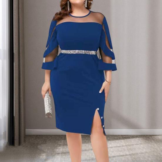 Women Dress See-through Mesh Patchwork Split Hem Sheath Slim Fit Three Quarter Sleeves Shiny Powder Crew Neck Prom Evening Party Office