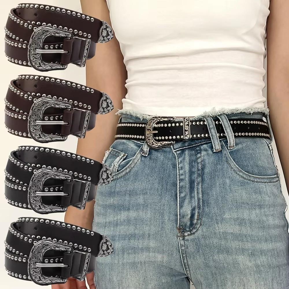 Fashion Y2K Waist Belts Rivet PU Leather Women Gothic Belts Carved Needle Buckle Punk Hip Hop Belt
