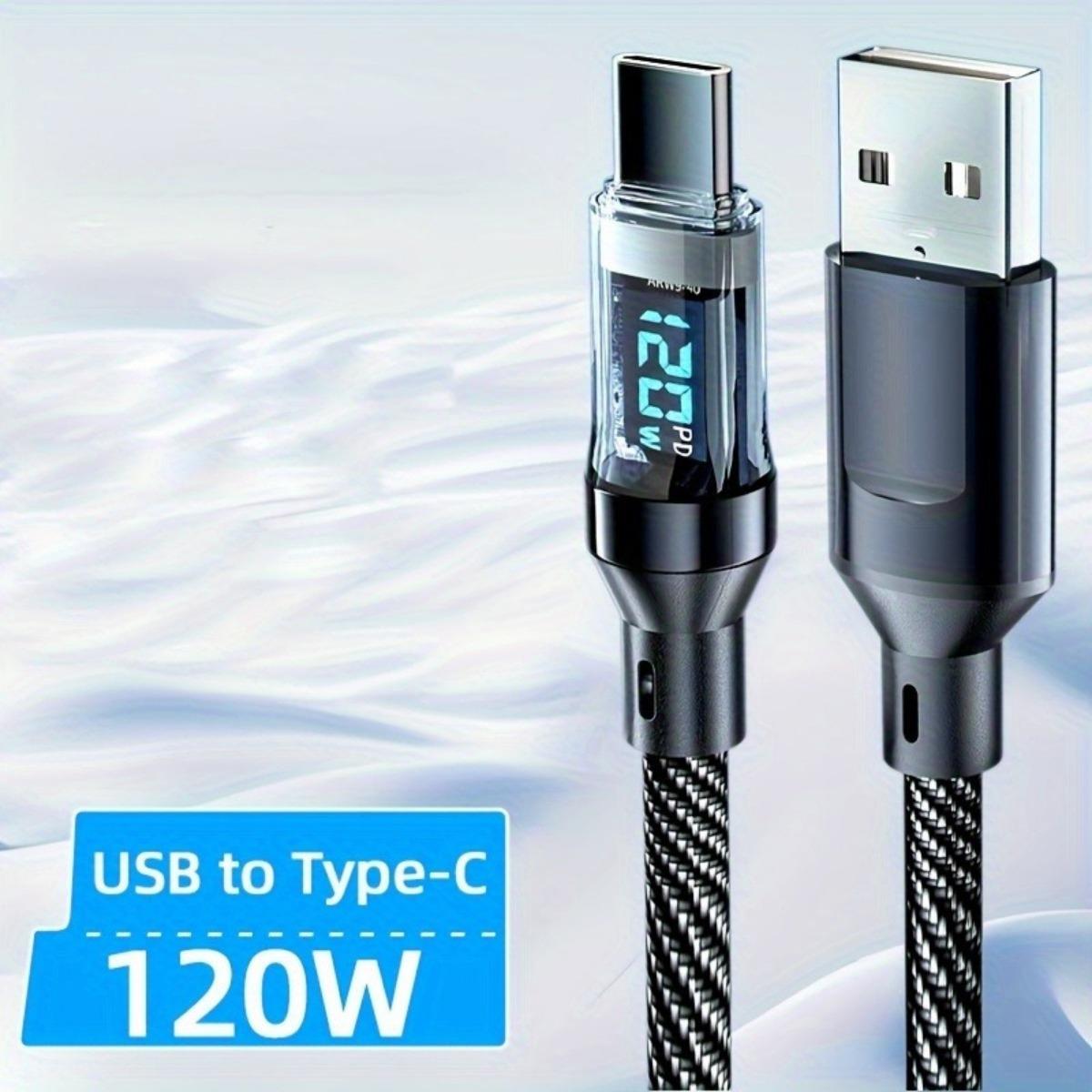 

Сверхбыстрый зарядный кабель USB A - Type-C мощностью 120 Вт со светодиодным цифровым дисплеем, матовое покрытие, синхронизация данных, подача питания через USB, высокая сила тока 6 А, совместимость 1.5m чёрный
