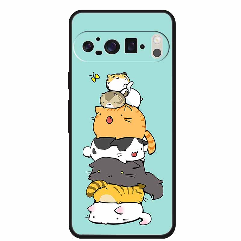 For Google Pixel 10 Pro XL 5G Case Lovely Cat TPU Black Soft Silicone Back Cover Flowers Shockproof Bumper Coque 6.8" Phone Case