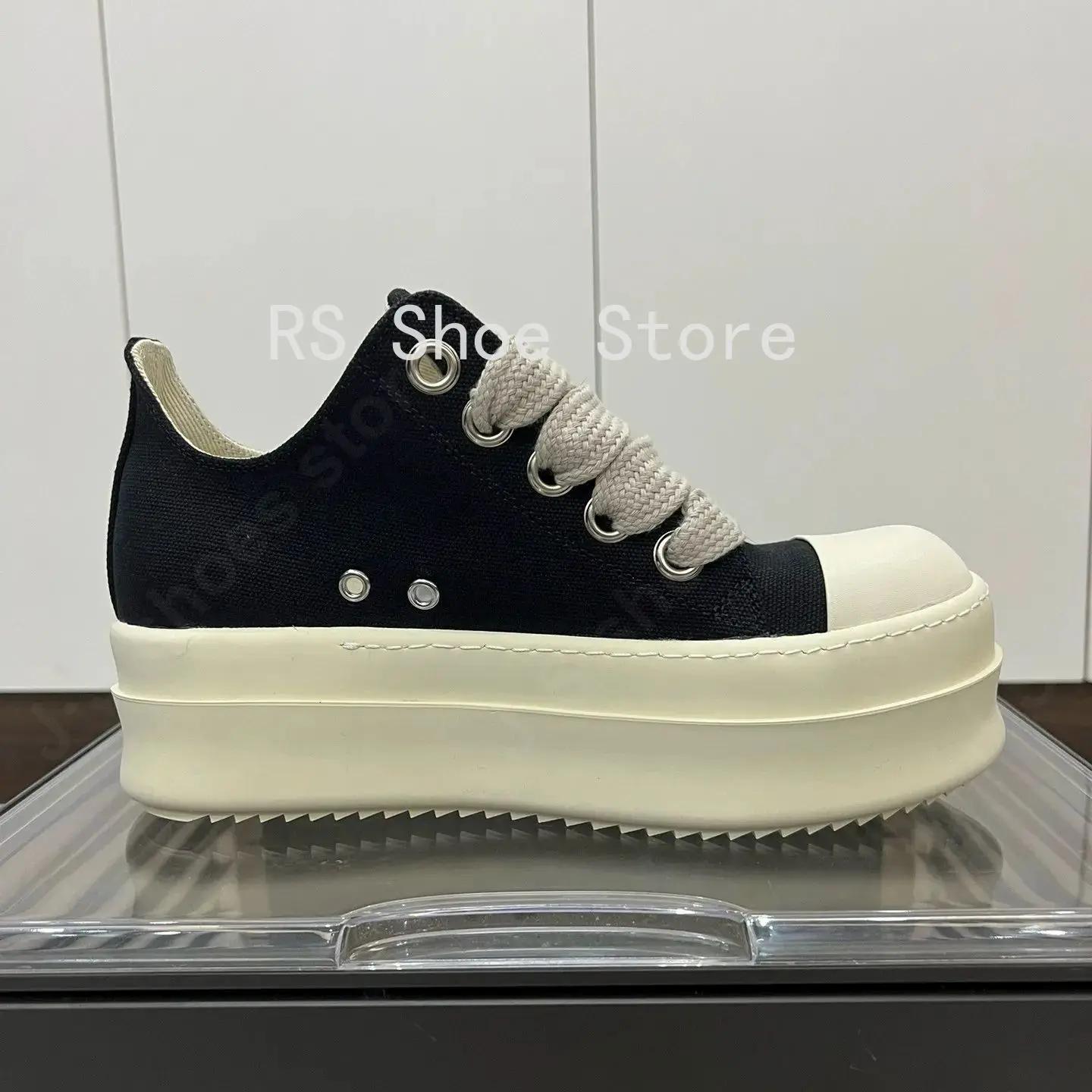 

Ro Designer Men Shoe Low Top Black Canvas Shoes Women Casual Sneaker Classic 6cm Thick Sole Pantshoes Jumbo Laces Flat Sneakers 35