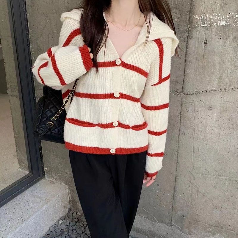 

Свитер в полоску для колледжа, кардиган, пальто, женский короткий свободный милый вязаный кардиган с темно-синим вырезом, милый кардиган, свитер, женский топ One Size красный